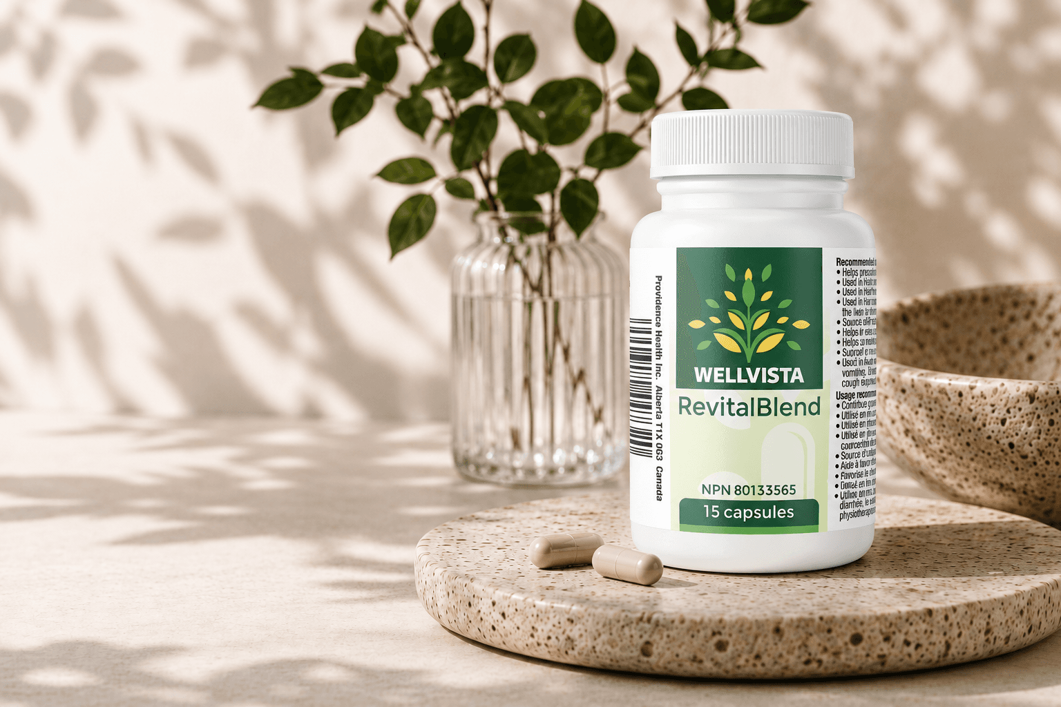 WellVista RevitalBlend product bottle on a stone pedestal